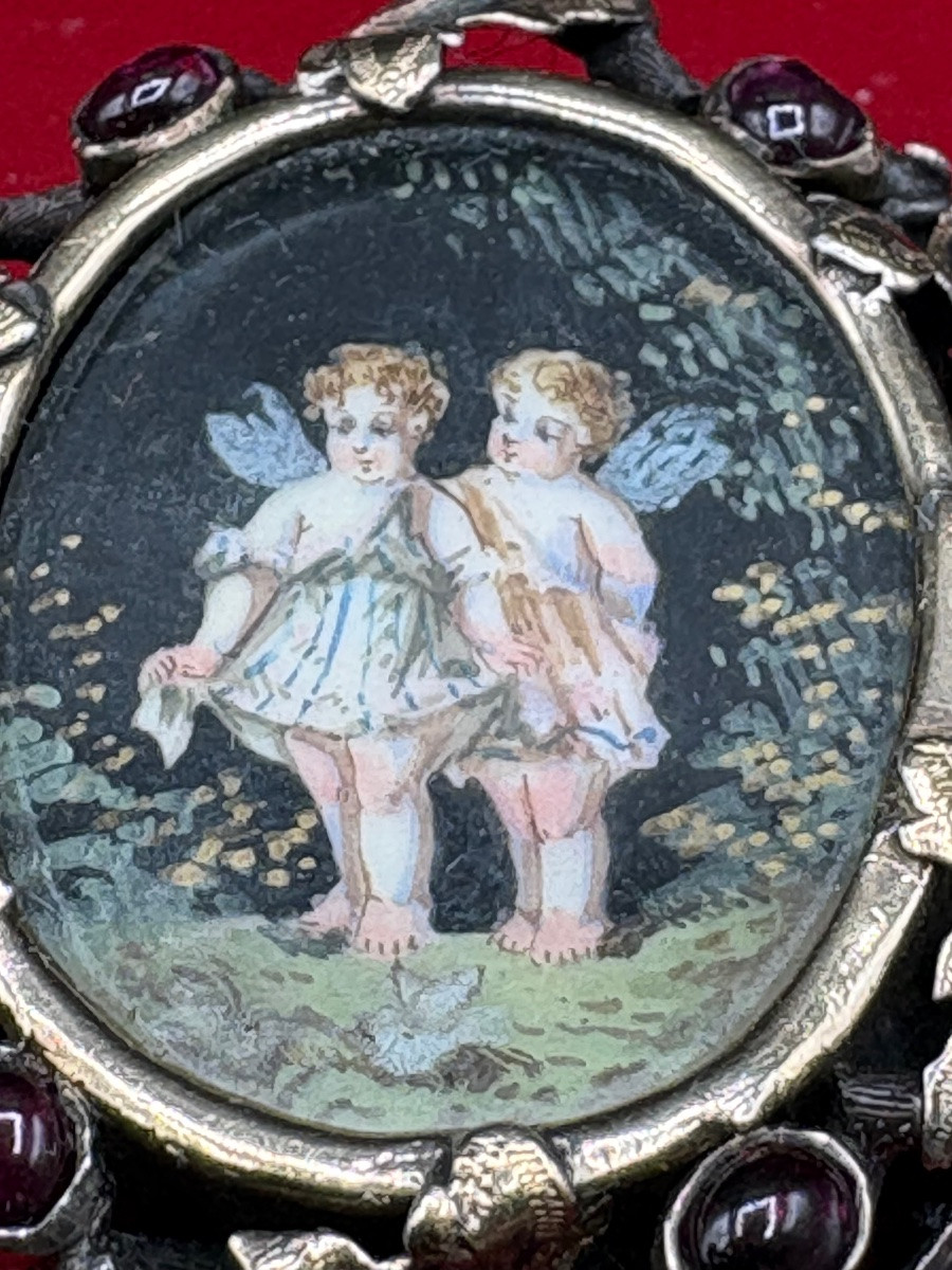 Silver And Vermeil Bracelet, Garnets And Miniature Circa 1860 French-photo-1