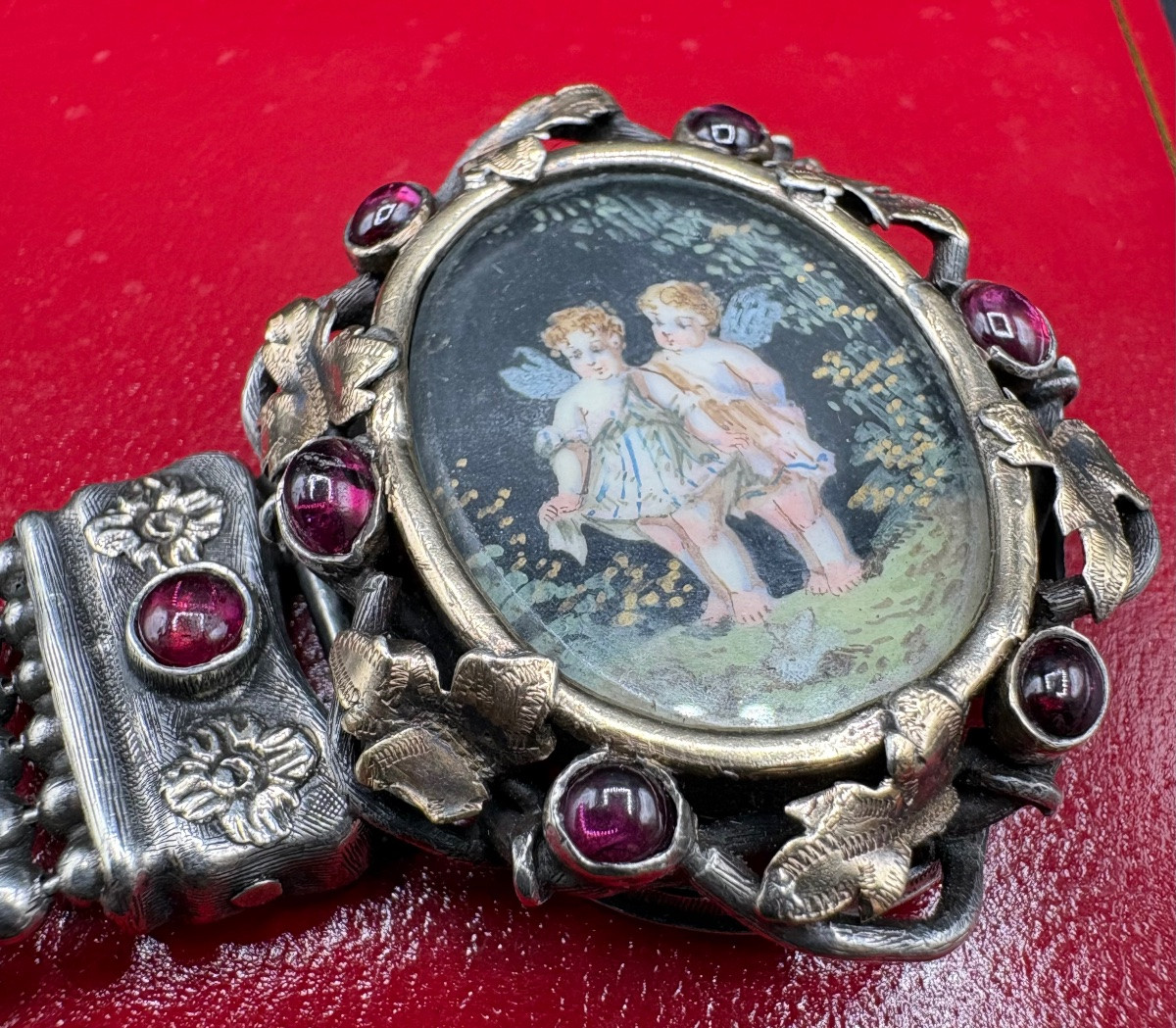 Silver And Vermeil Bracelet, Garnets And Miniature Circa 1860 French-photo-3