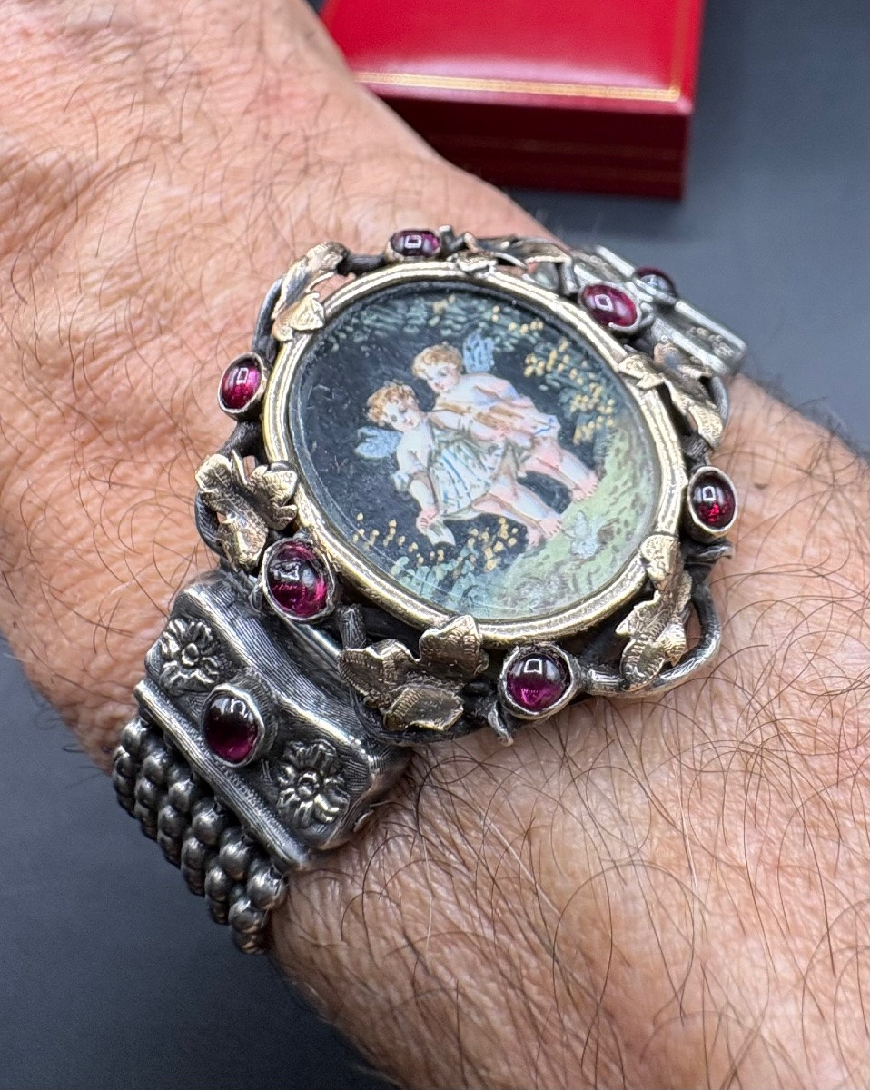 Silver And Vermeil Bracelet, Garnets And Miniature Circa 1860 French-photo-4
