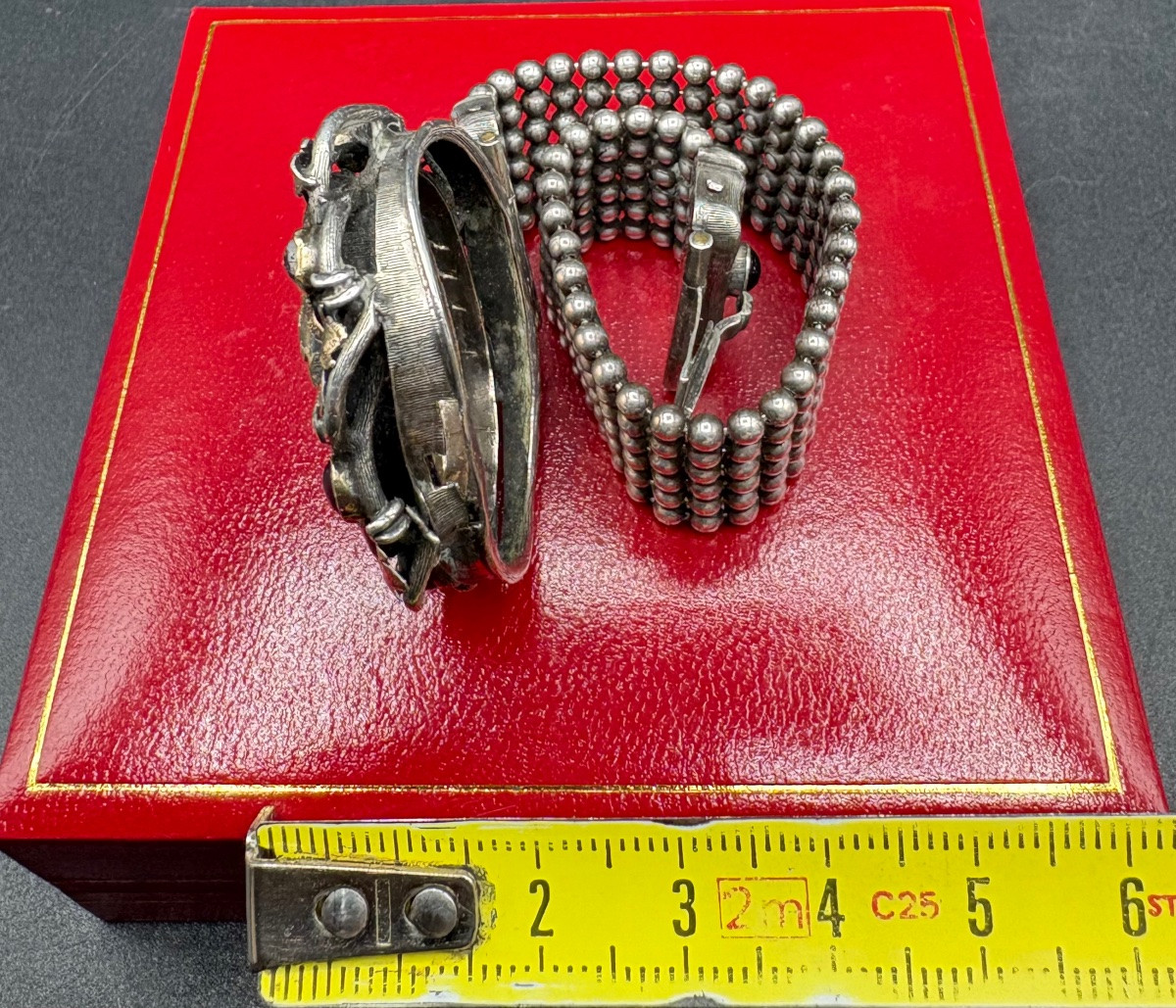 Silver And Vermeil Bracelet, Garnets And Miniature Circa 1860 French-photo-6