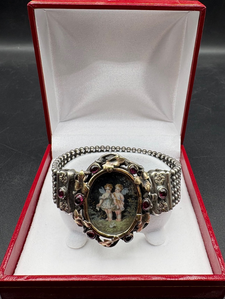 Silver And Vermeil Bracelet, Garnets And Miniature Circa 1860 French
