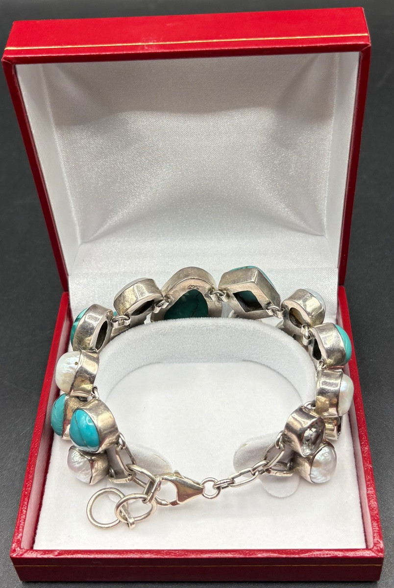 BRACELET GOURMETTE EN ARGENT MASSIF PERLES CABOCHONS DE TURQUOISE ET QUARTZ VERS 1980 EUROPÉEN -photo-2