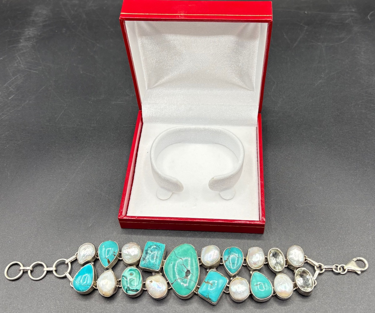 BRACELET GOURMETTE EN ARGENT MASSIF PERLES CABOCHONS DE TURQUOISE ET QUARTZ VERS 1980 EUROPÉEN -photo-3