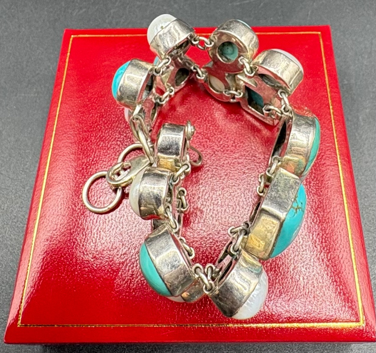 BRACELET GOURMETTE EN ARGENT MASSIF PERLES CABOCHONS DE TURQUOISE ET QUARTZ VERS 1980 EUROPÉEN -photo-1