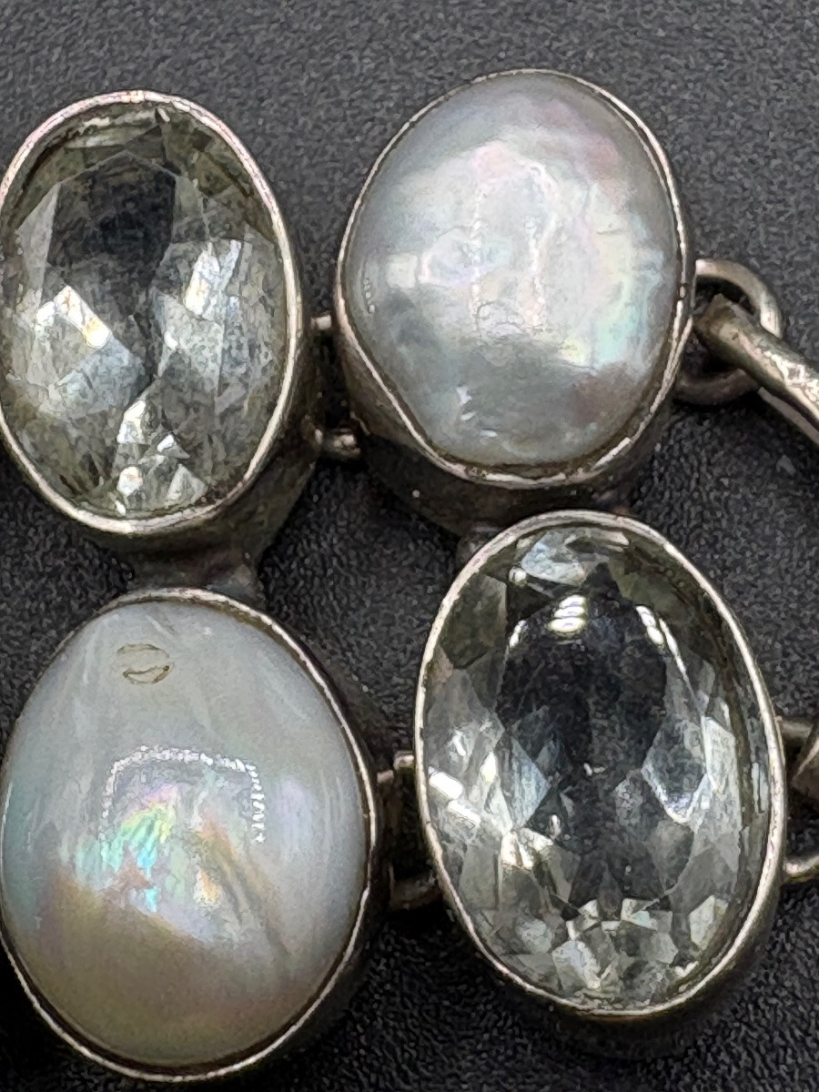 BRACELET GOURMETTE EN ARGENT MASSIF PERLES CABOCHONS DE TURQUOISE ET QUARTZ VERS 1980 EUROPÉEN -photo-3