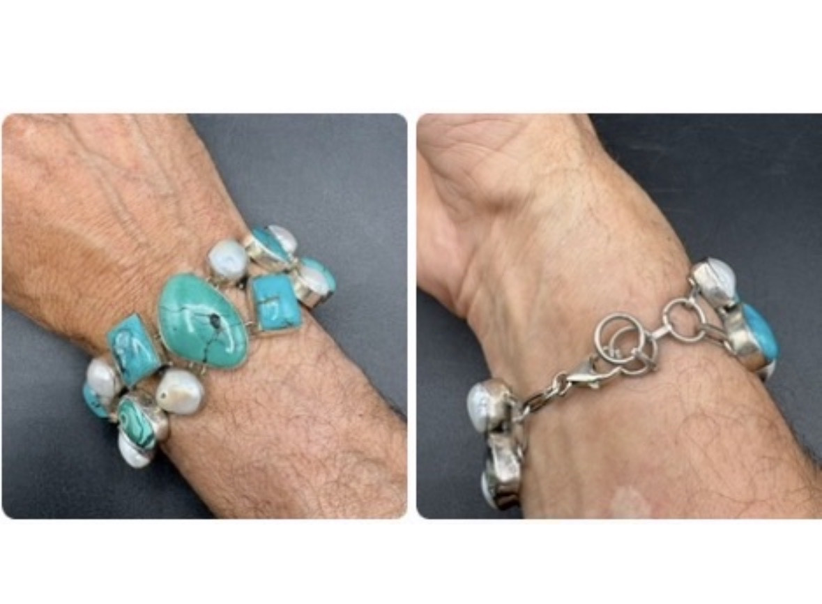 BRACELET GOURMETTE EN ARGENT MASSIF PERLES CABOCHONS DE TURQUOISE ET QUARTZ VERS 1980 EUROPÉEN -photo-4