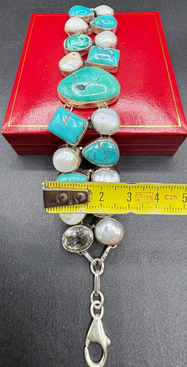BRACELET GOURMETTE EN ARGENT MASSIF PERLES CABOCHONS DE TURQUOISE ET QUARTZ VERS 1980 EUROPÉEN -photo-5