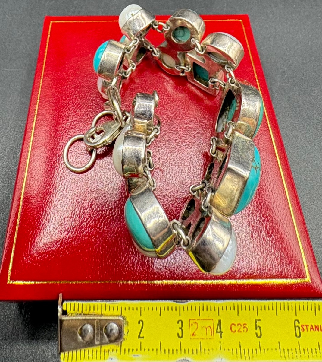 BRACELET GOURMETTE EN ARGENT MASSIF PERLES CABOCHONS DE TURQUOISE ET QUARTZ VERS 1980 EUROPÉEN -photo-6