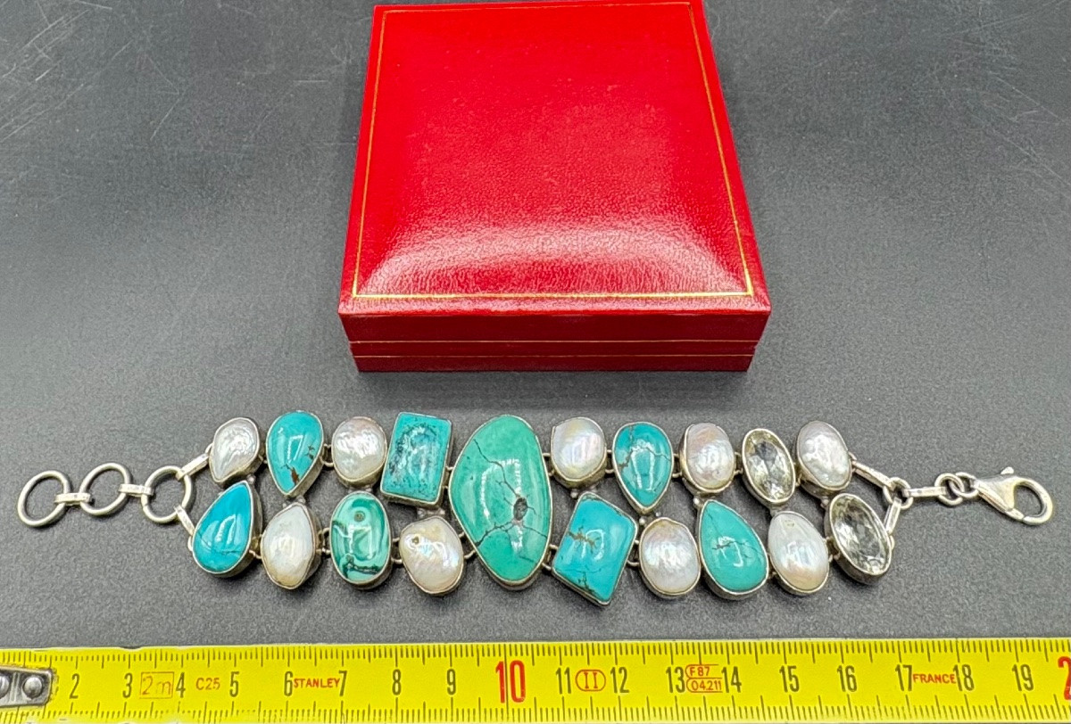 BRACELET GOURMETTE EN ARGENT MASSIF PERLES CABOCHONS DE TURQUOISE ET QUARTZ VERS 1980 EUROPÉEN -photo-7
