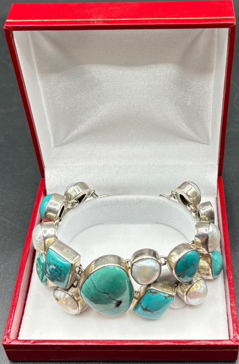 BRACELET GOURMETTE EN ARGENT MASSIF PERLES CABOCHONS DE TURQUOISE ET QUARTZ VERS 1980 EUROPÉEN 