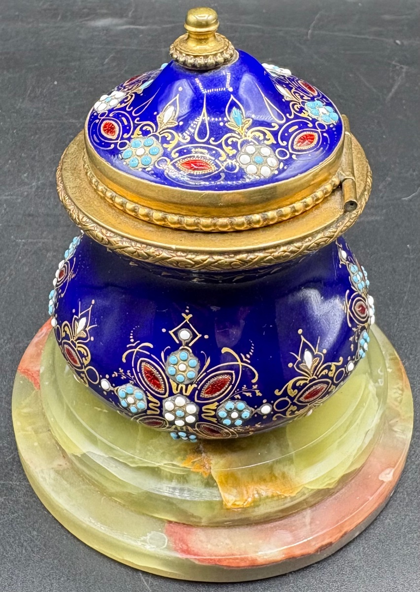 Enameled Gilt Bronze Inkwell And Carved Alabaster Base From The French 1880s-photo-2