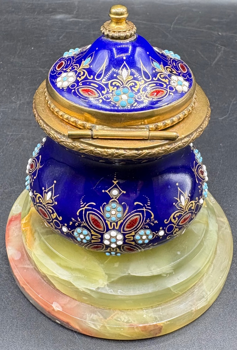 Enameled Gilt Bronze Inkwell And Carved Alabaster Base From The French 1880s-photo-3