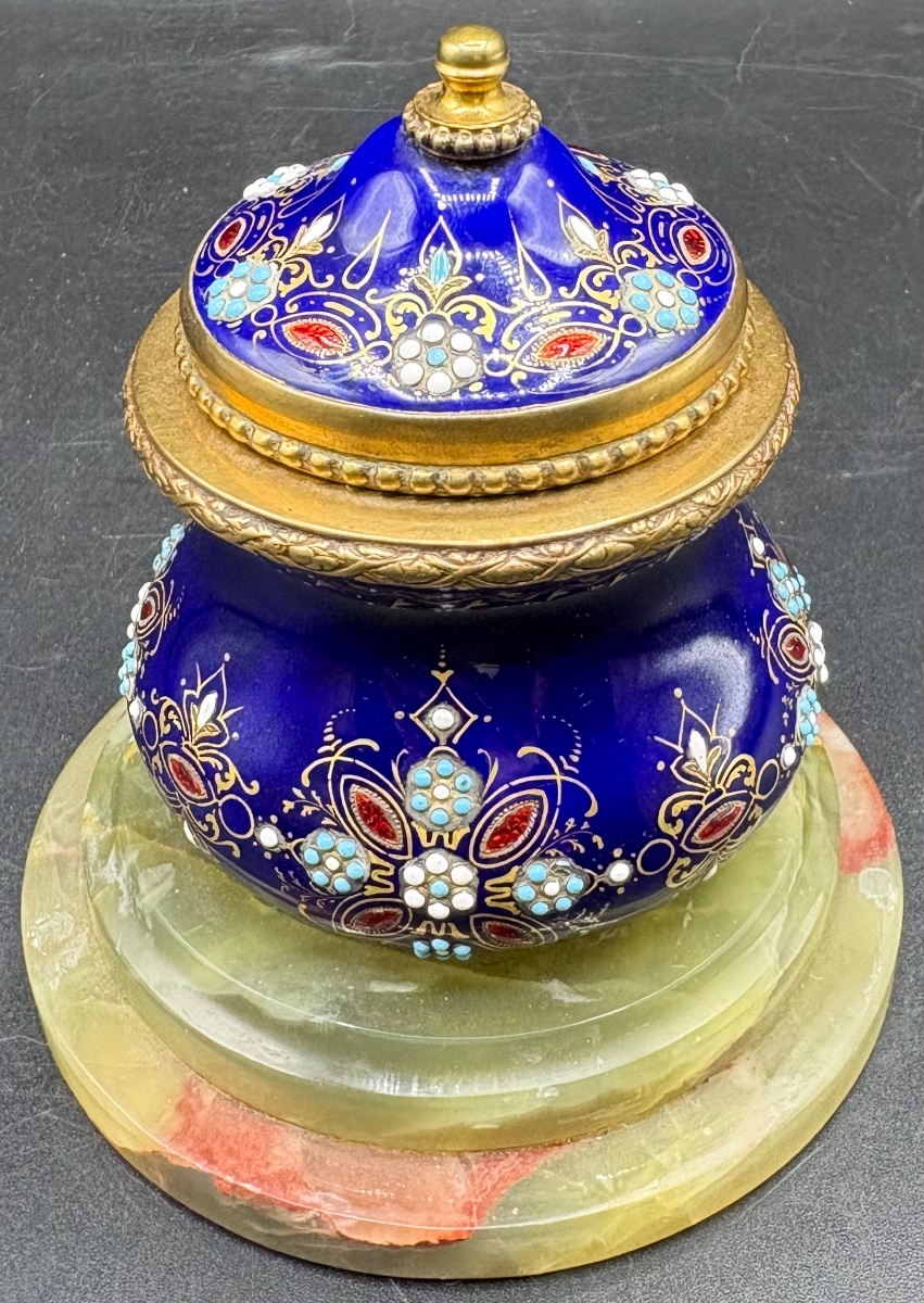 Enameled Gilt Bronze Inkwell And Carved Alabaster Base From The French 1880s-photo-4