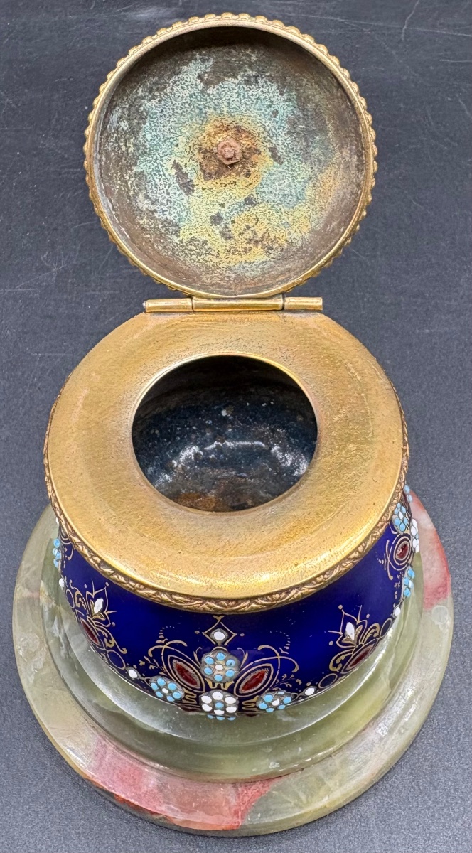 Enameled Gilt Bronze Inkwell And Carved Alabaster Base From The French 1880s-photo-1