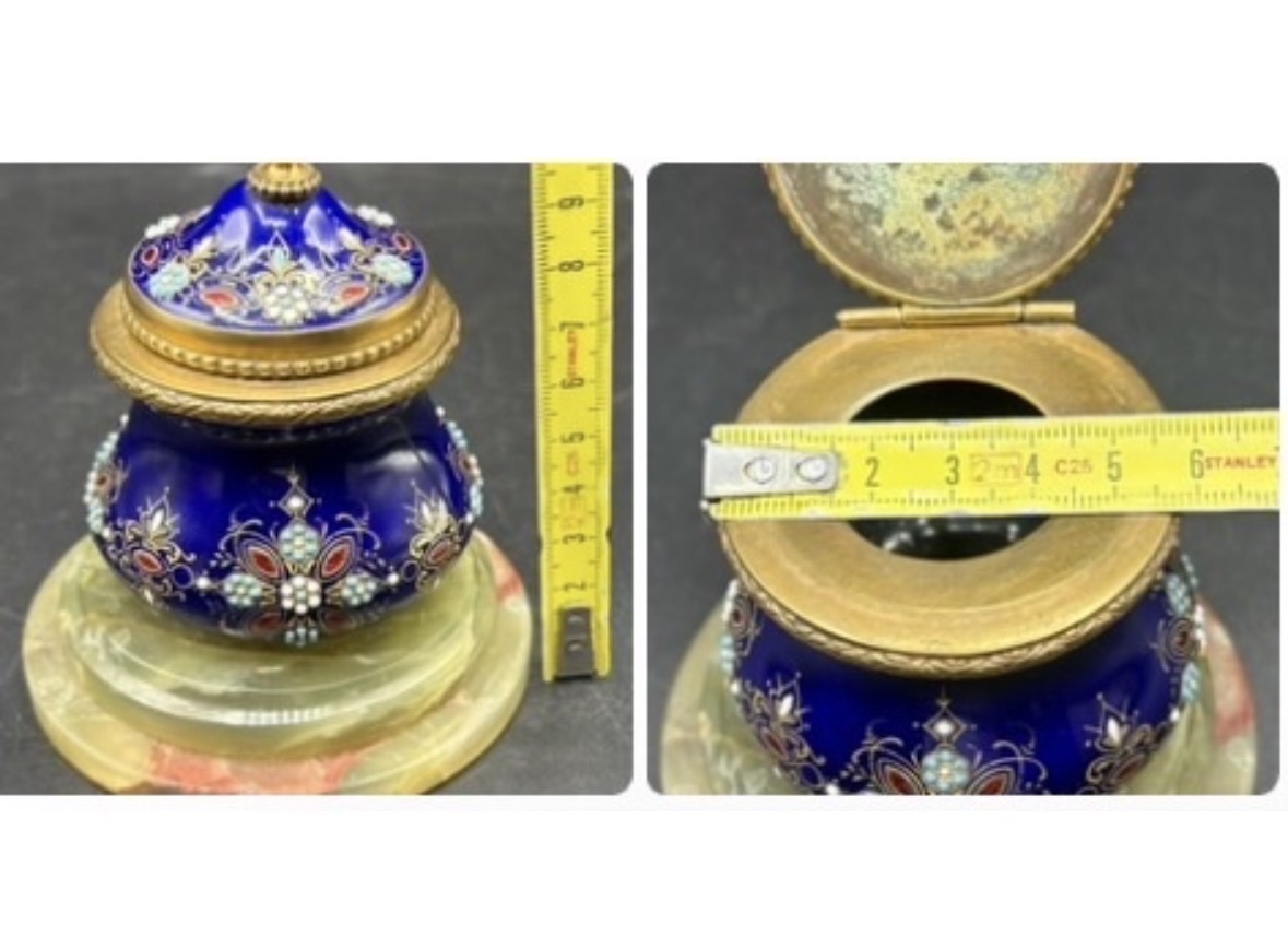 Enameled Gilt Bronze Inkwell And Carved Alabaster Base From The French 1880s-photo-7