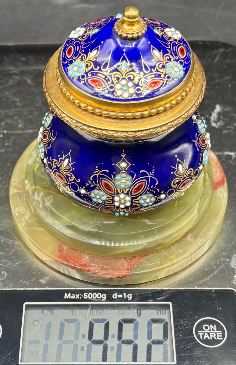 Enameled Gilt Bronze Inkwell And Carved Alabaster Base From The French 1880s-photo-8