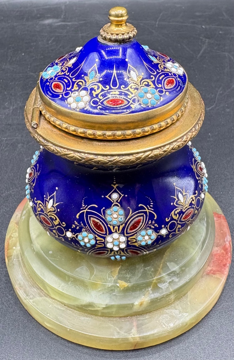 Enameled Gilt Bronze Inkwell And Carved Alabaster Base From The French 1880s