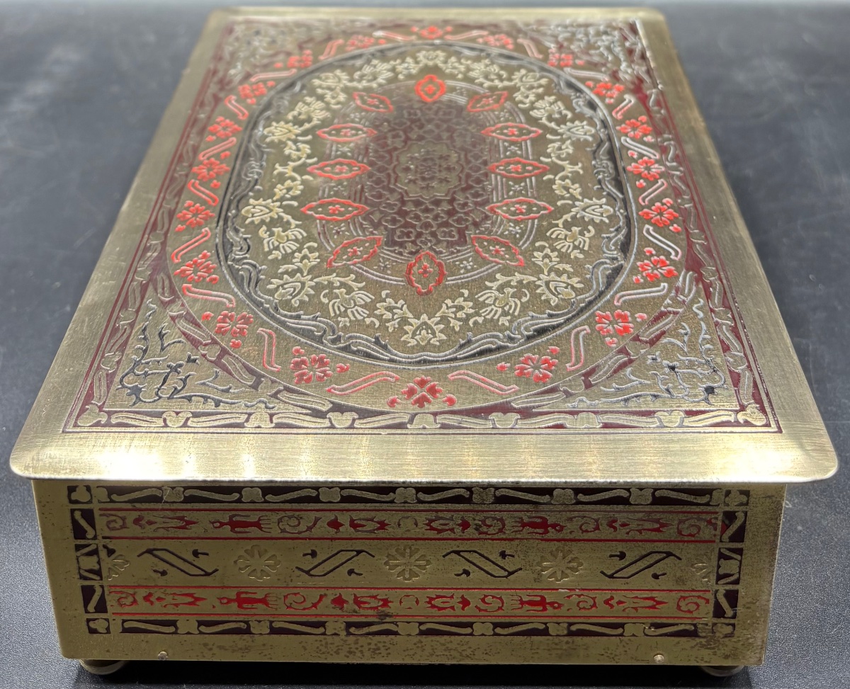 Engraved Enamelled Brass Box In Beechwood From The European 1920s-photo-2