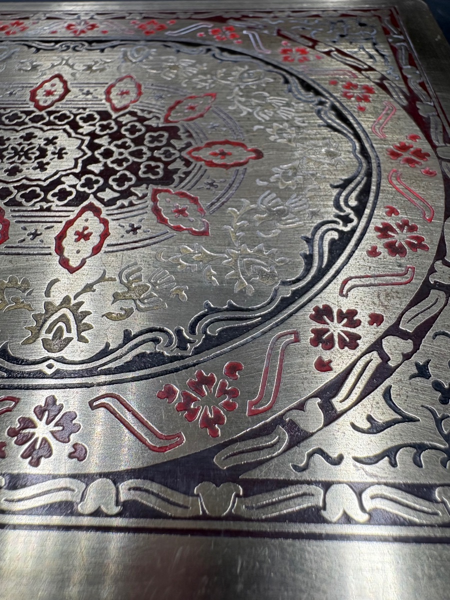 Engraved Enamelled Brass Box In Beechwood From The European 1920s-photo-1