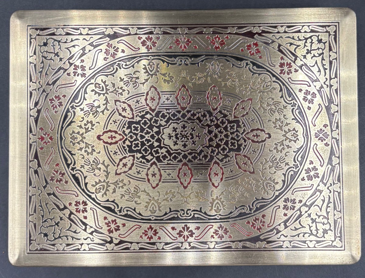 Engraved Enamelled Brass Box In Beechwood From The European 1920s-photo-2