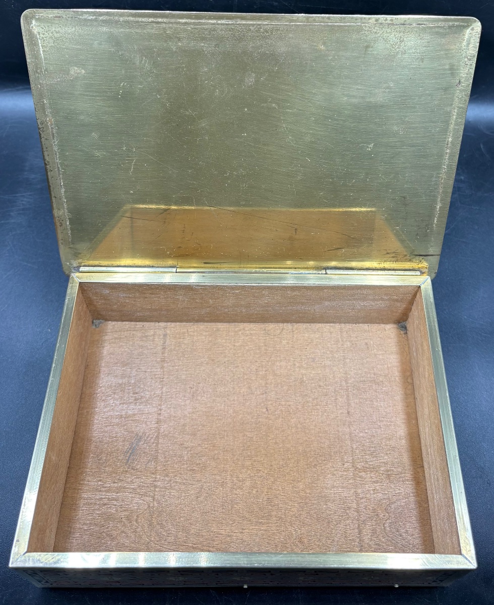 Engraved Enamelled Brass Box In Beechwood From The European 1920s-photo-4
