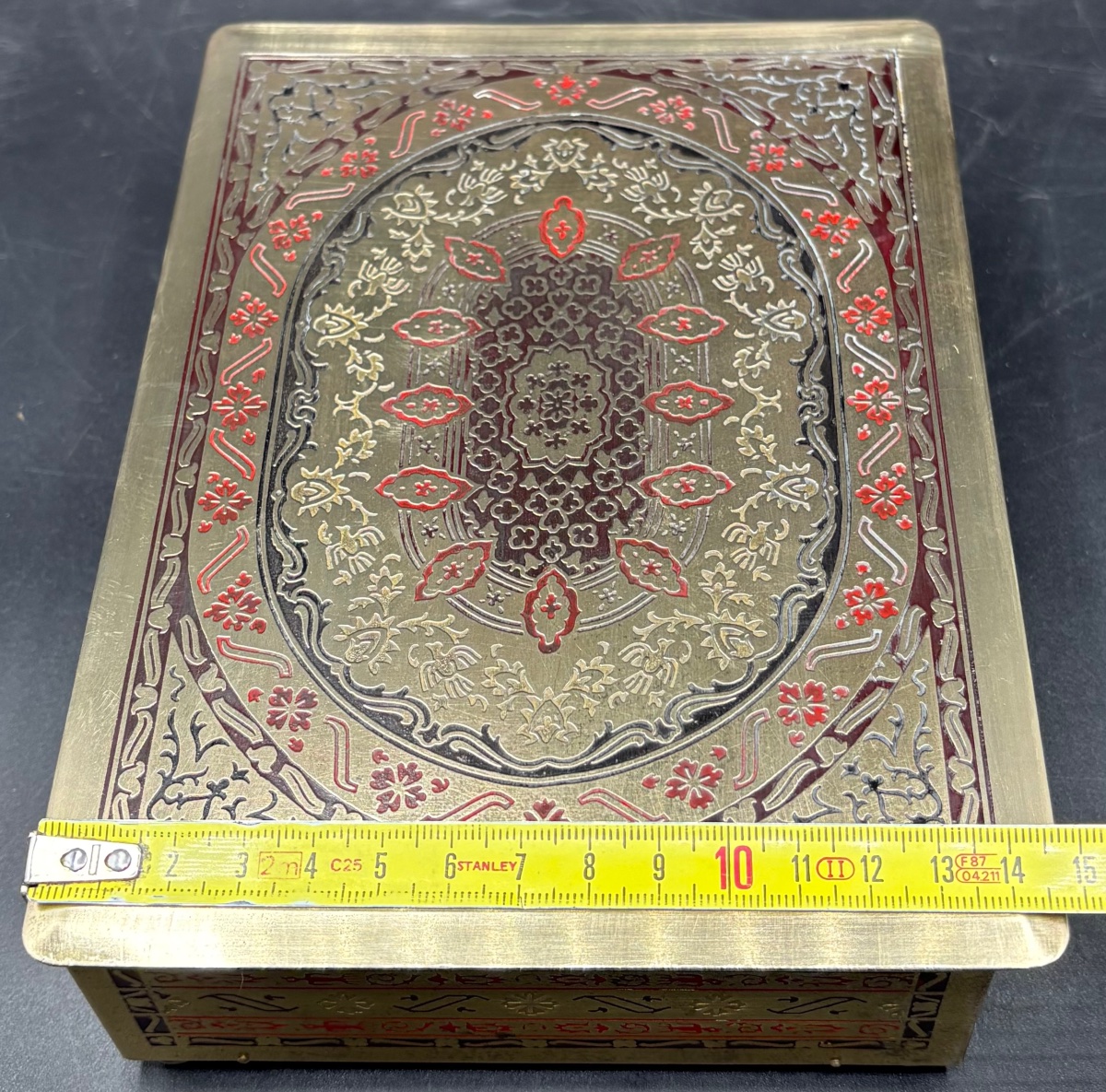Engraved Enamelled Brass Box In Beechwood From The European 1920s-photo-6