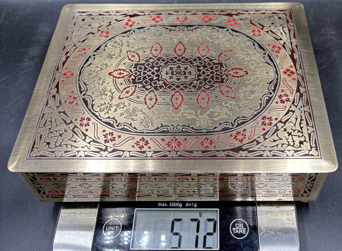Engraved Enamelled Brass Box In Beechwood From The European 1920s-photo-8