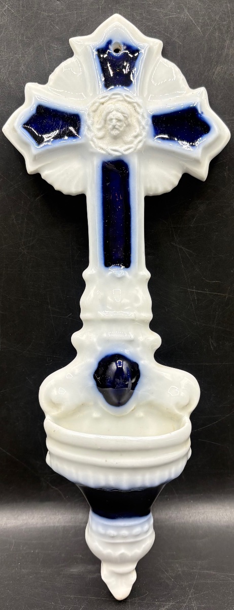 White-blue Bayeux Enameled Porcelain Stoup Circa 1860/70