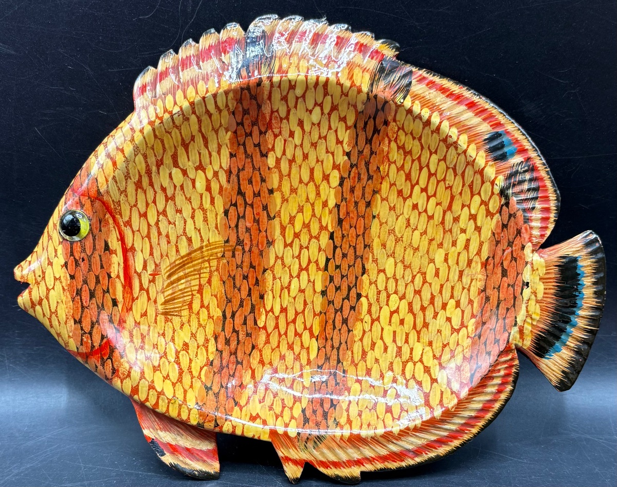 POISSON VIDE POCHE EN BOIS SCULPTÉ LAQUÉ PEINT DES ANNÉES 1930/40 JAPONAIS 