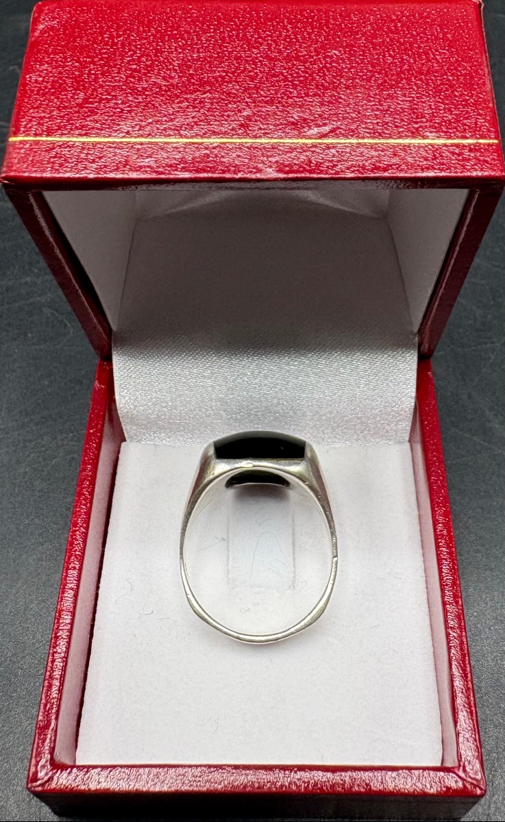 Unisex Solid Silver Ring With An Onyx Cabochon From The 1960s (french) -photo-4