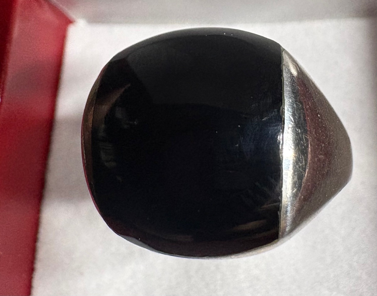 Unisex Solid Silver Ring With An Onyx Cabochon From The 1960s (french) -photo-2