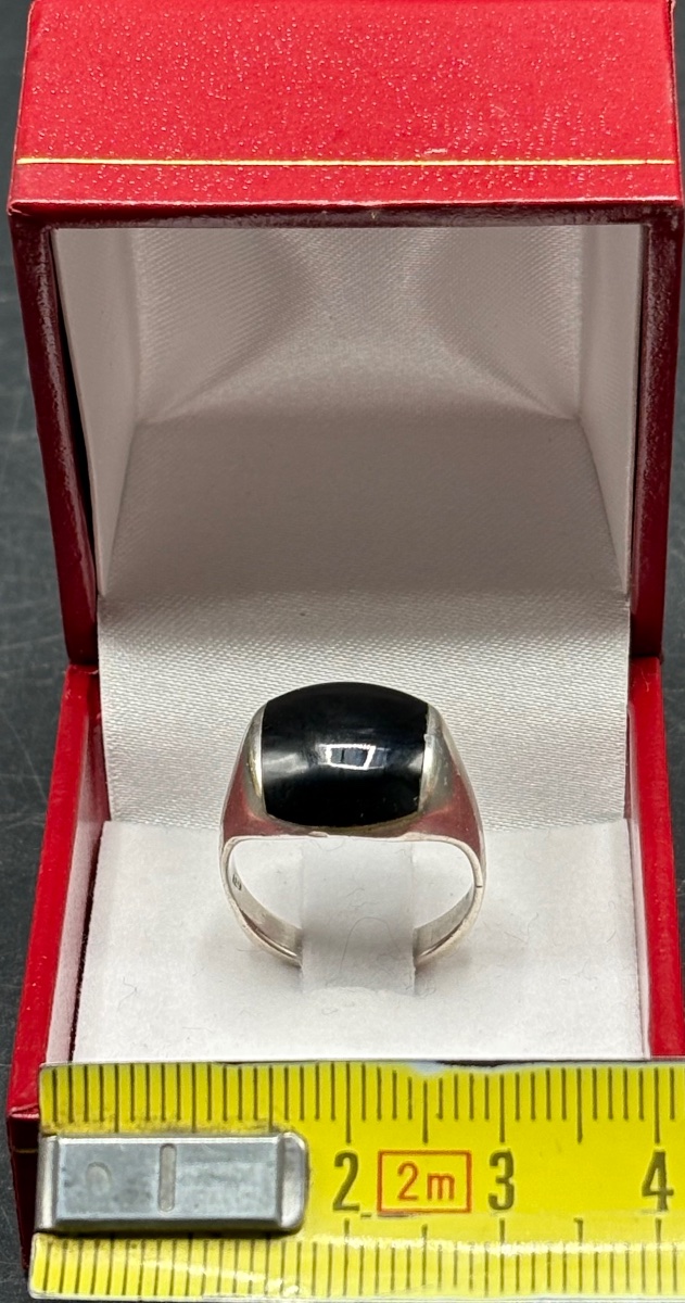 Unisex Solid Silver Ring With An Onyx Cabochon From The 1960s (french) -photo-6