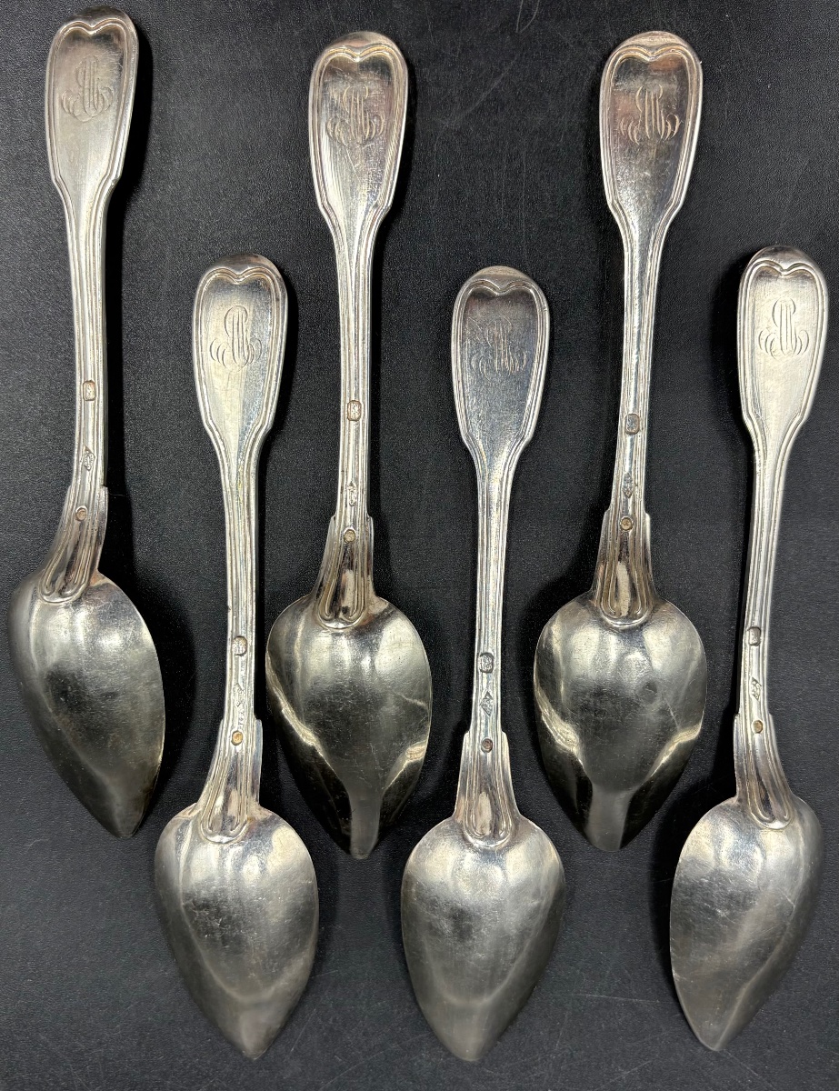 A Set Of Six Solid Silver Coffee Spoons, Antique, 1819–1838, French -photo-2