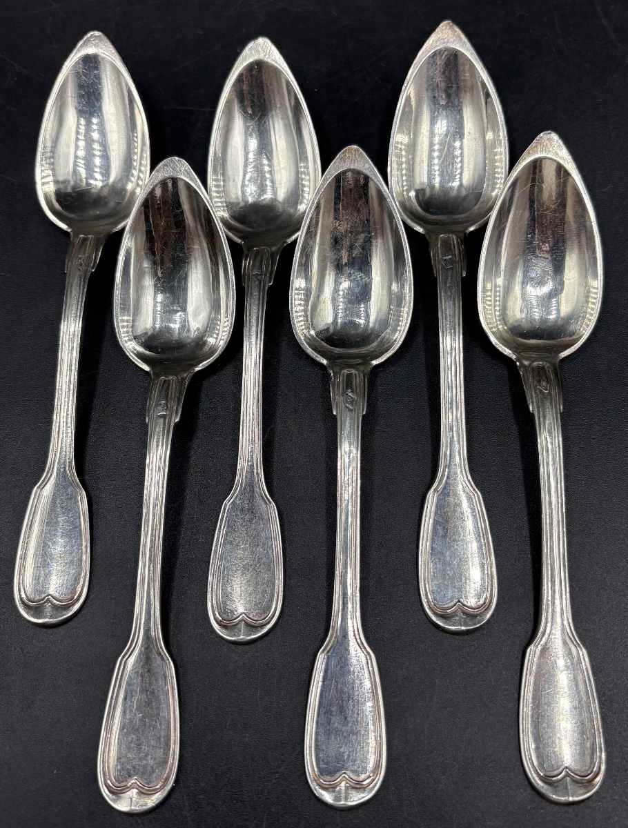 A Set Of Six Solid Silver Coffee Spoons, Antique, 1819–1838, French 