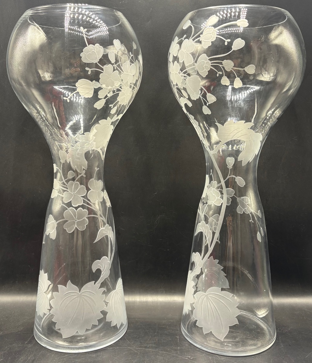 A Pair Of Large Acid-etched Blown Glass Vases From The 1980s, Foreign-photo-2