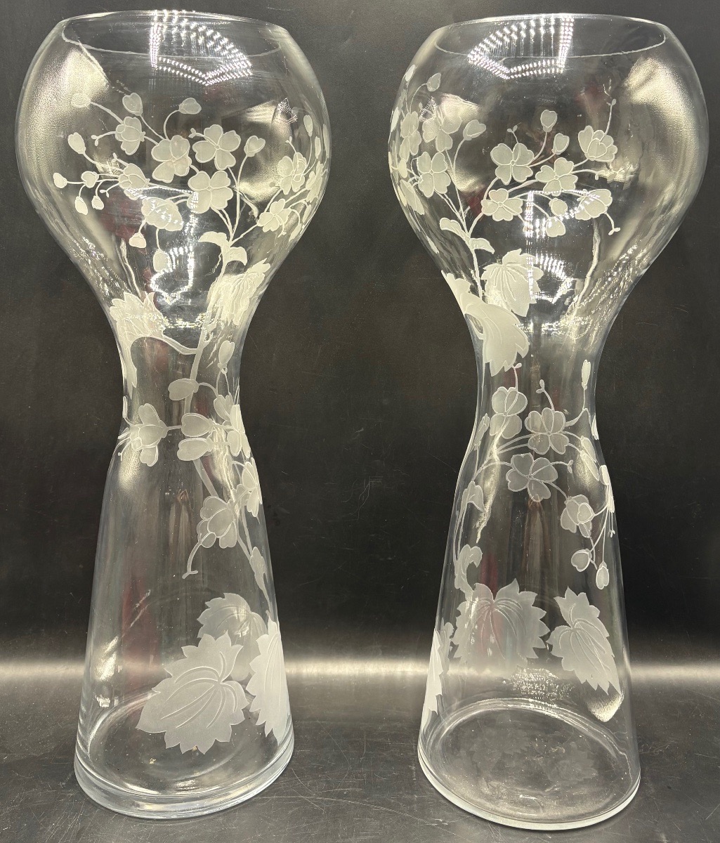 A Pair Of Large Acid-etched Blown Glass Vases From The 1980s, Foreign-photo-3