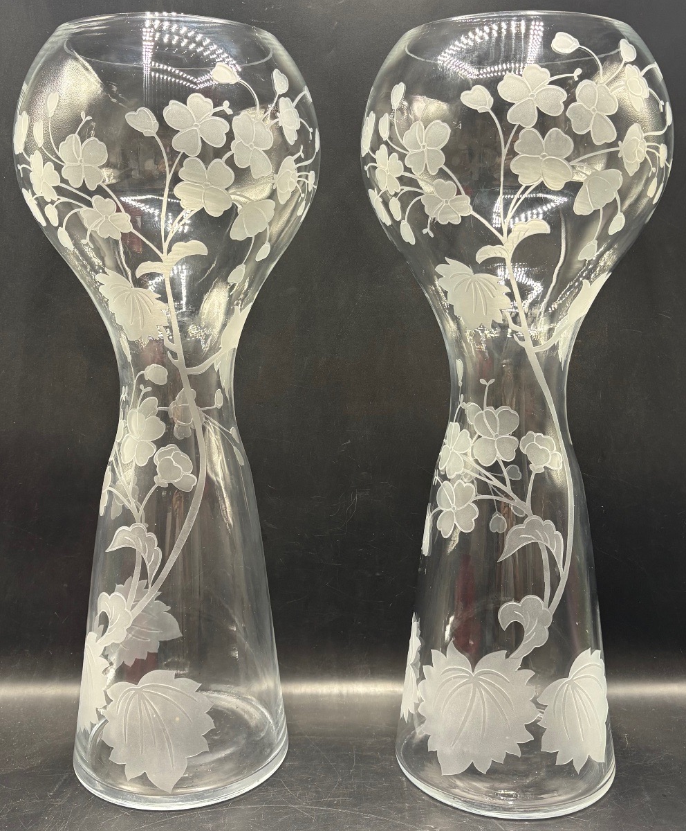 A Pair Of Large Acid-etched Blown Glass Vases From The 1980s, Foreign