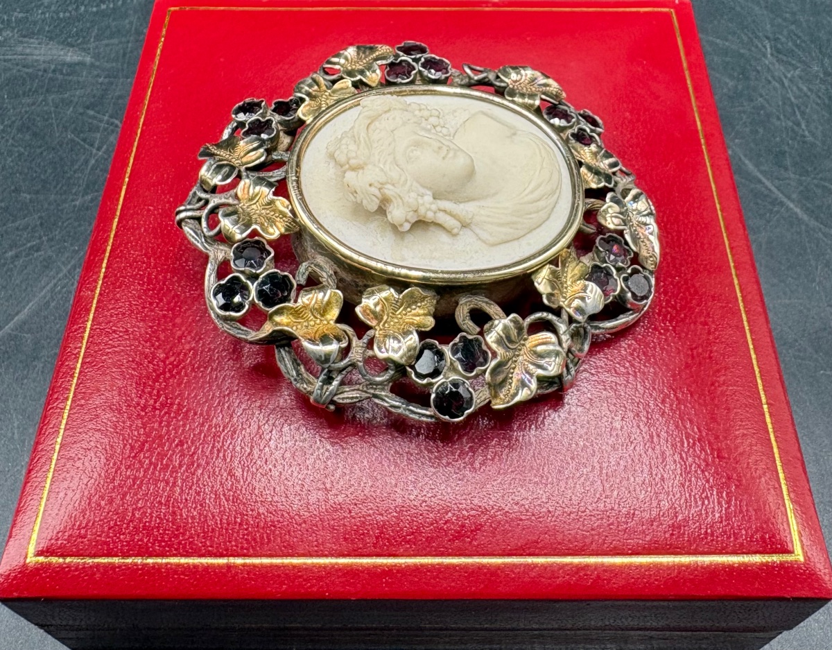 Solid Silver Brooch, Vermeil With Garnets And Limestone, Circa 1860, French -photo-3