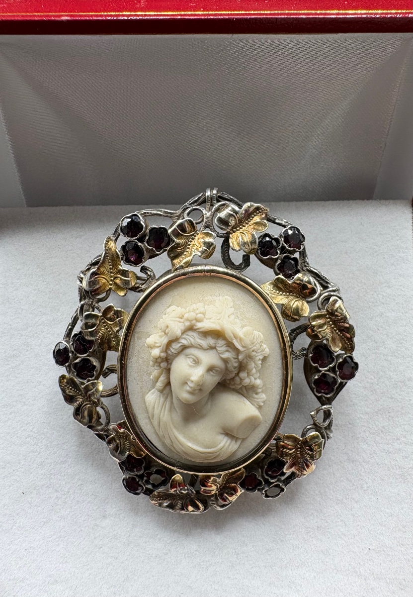 Solid Silver Brooch, Vermeil With Garnets And Limestone, Circa 1860, French 