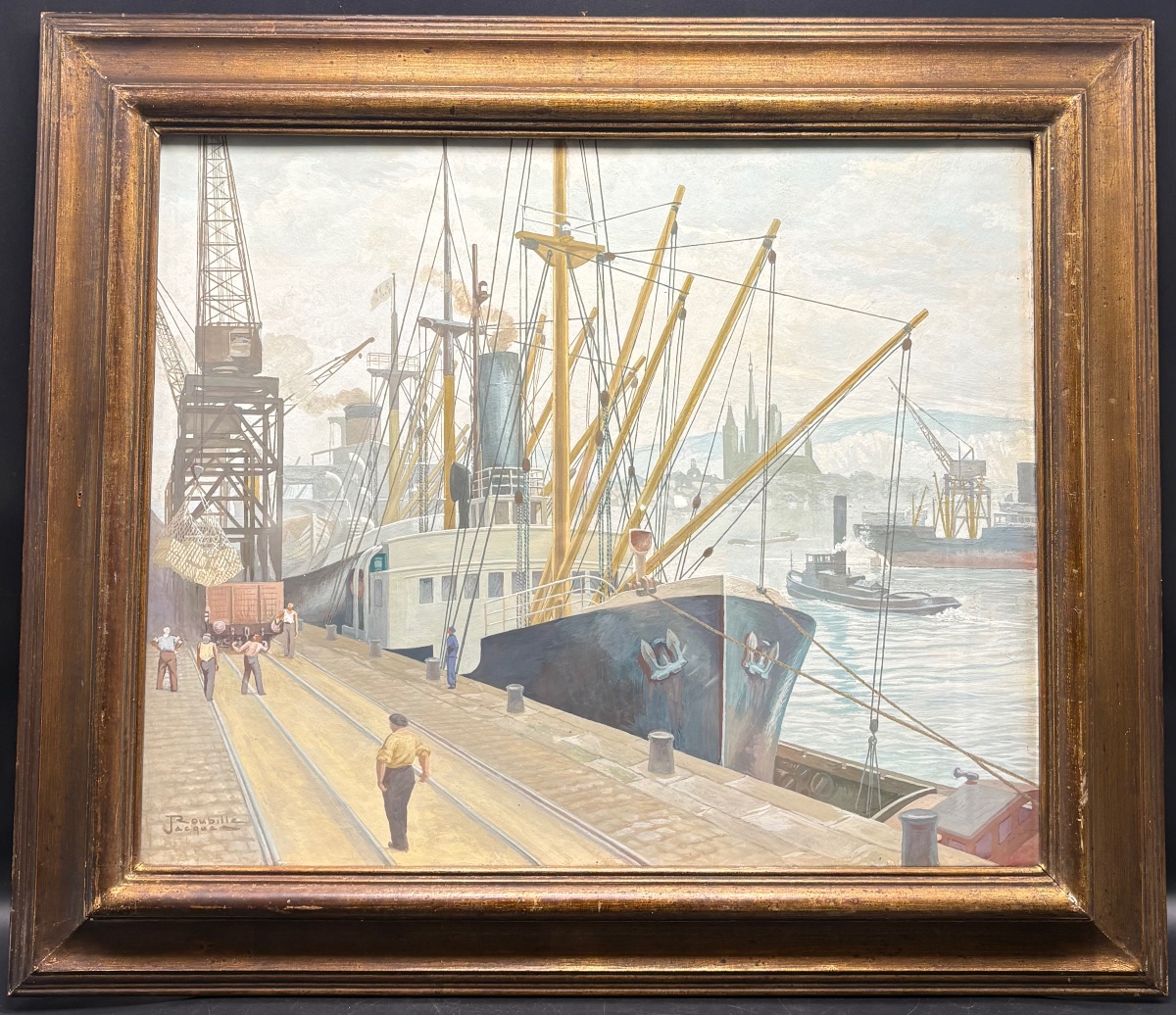 UNE GOUACHE LE PORT DE ROUEN DES ANNÉES 1900 PAR JACQUES ROUBILLE 