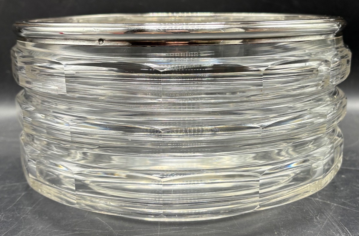 GROS SALADIER EN CRISTAL SOUFFLÉ TAILLÉ CERCLÉ D’ARGENT MASSIF DES ANNÉES 1930 FRANÇAIS -photo-2