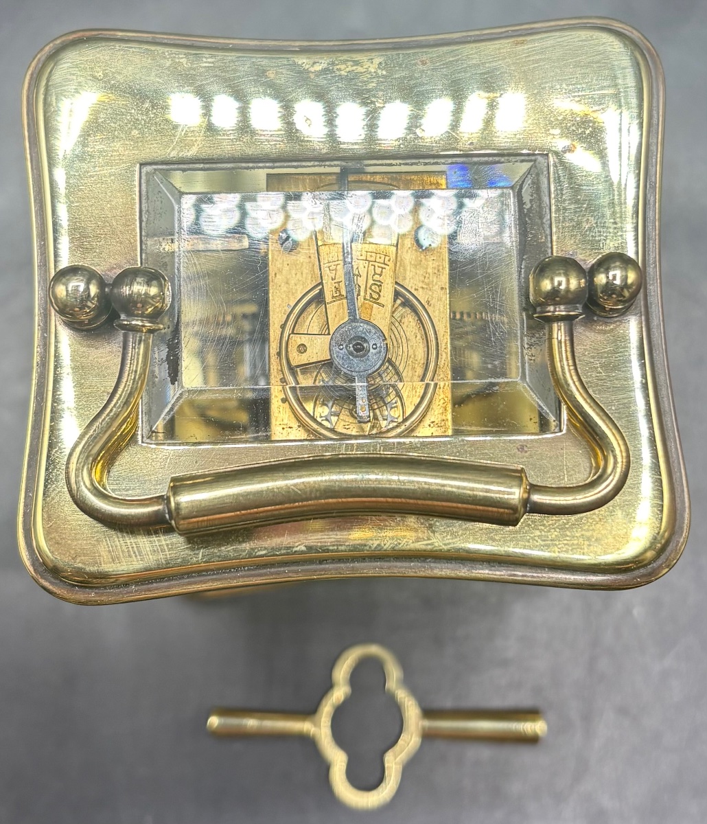 Small Officer's Clock In Polished Bronze And Beveled Glass, French, Late 19th Century-photo-2