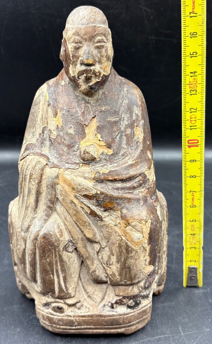 SAGE OU DIGNITAIRE EN BOIS SCULPTÉ PATINÉ XVIÈME CHINE-photo-5