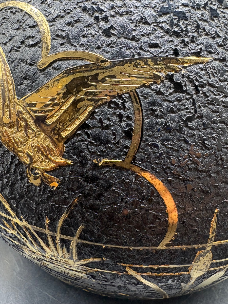 VASE BOULE EN VERRE SOUFFLÉ GRAVÉ À L’ACIDE ET DORÉ DES ANNÉES 1930 PAR SCHNEIDER -photo-4