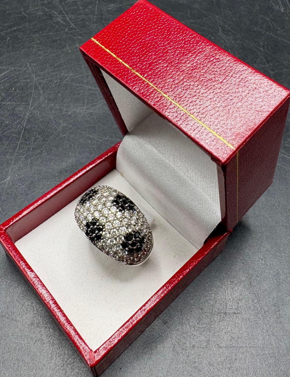 BAGUE ARGENT MASSIF PAVAGE D’OXYDES DE ZIRCONIUM & ONYX TAILLÉS VERS 1960/70 FRANÇAISE-photo-2