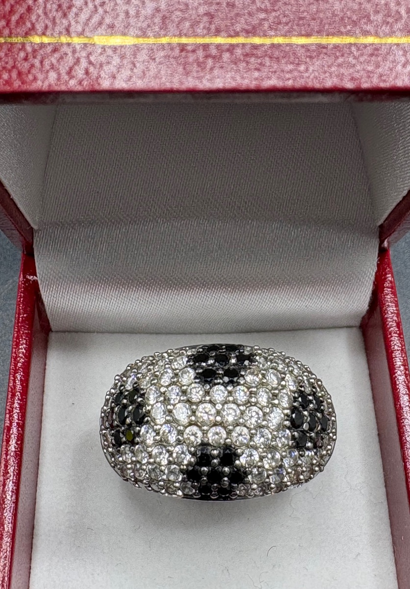 BAGUE ARGENT MASSIF PAVAGE D’OXYDES DE ZIRCONIUM & ONYX TAILLÉS VERS 1960/70 FRANÇAISE-photo-3