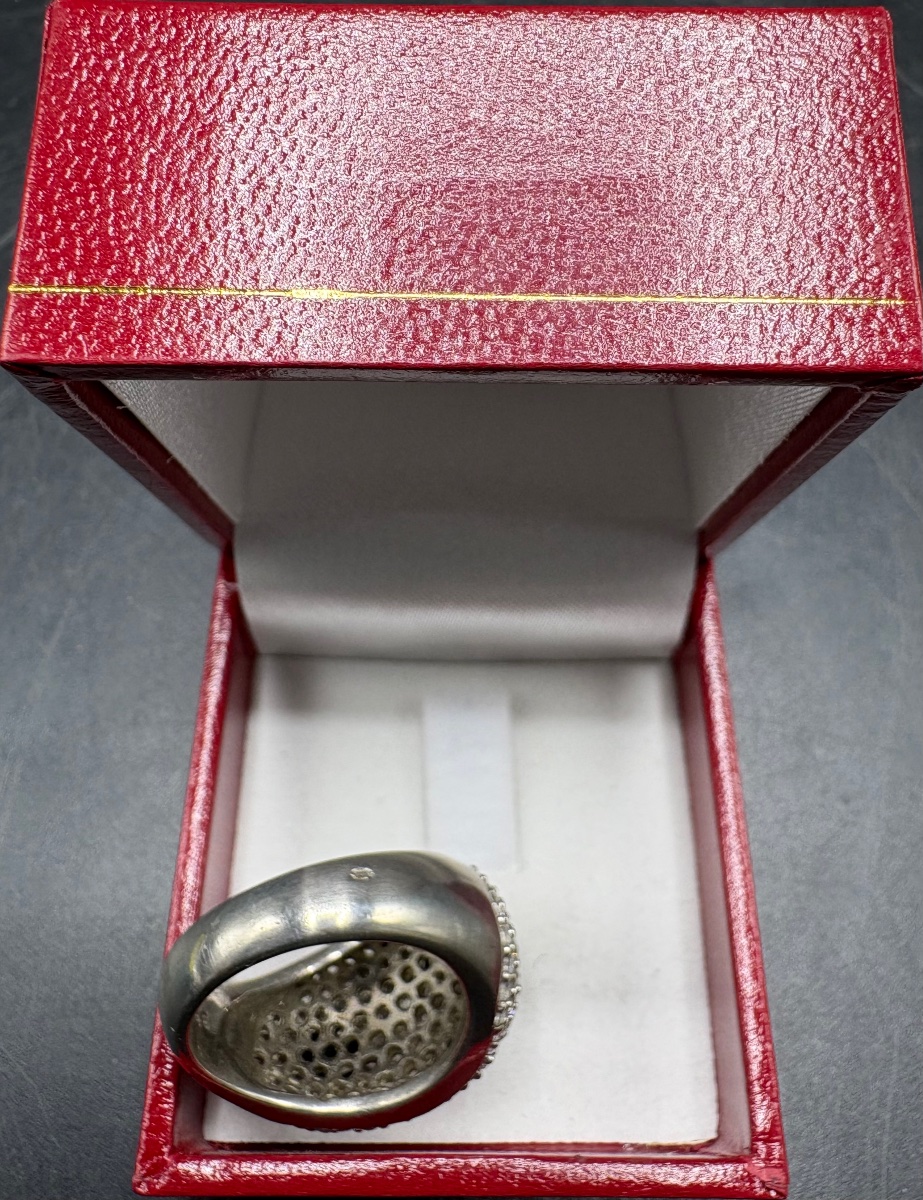 BAGUE ARGENT MASSIF PAVAGE D’OXYDES DE ZIRCONIUM & ONYX TAILLÉS VERS 1960/70 FRANÇAISE-photo-1