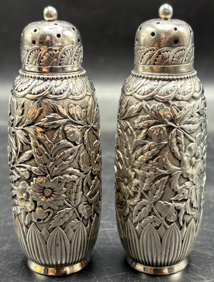 Pair Of Solid Silver Art Nouveau Salt And Pepper Shakers, 1900, American 