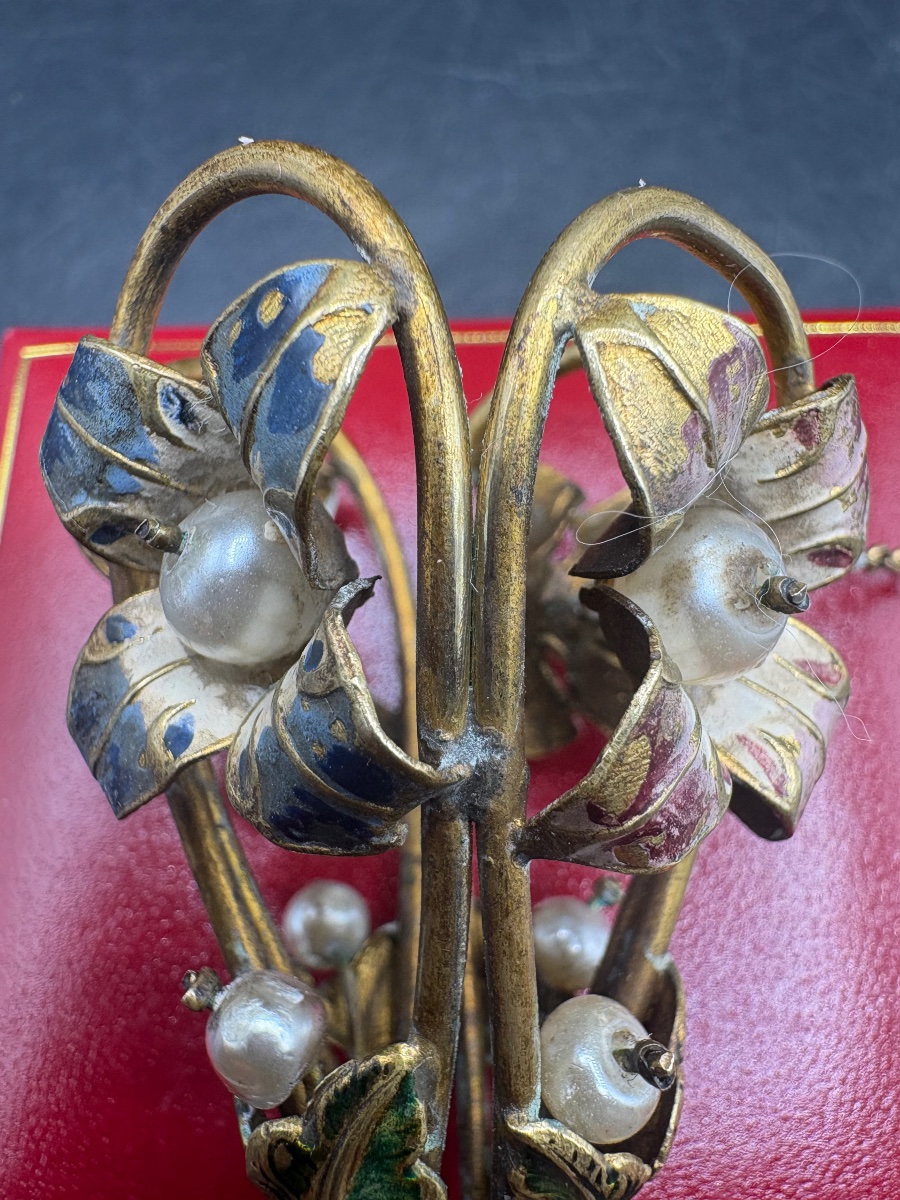 PORTE BOUQUET DE MARIAGE EN NACRE, LAITON DORÉ, PERLES, ÉMAIL, FRANÇAIS FIN XIXÈME-photo-4