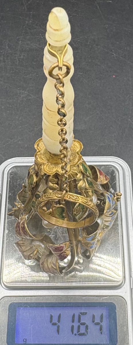 PORTE BOUQUET DE MARIAGE EN NACRE, LAITON DORÉ, PERLES, ÉMAIL, FRANÇAIS FIN XIXÈME-photo-8